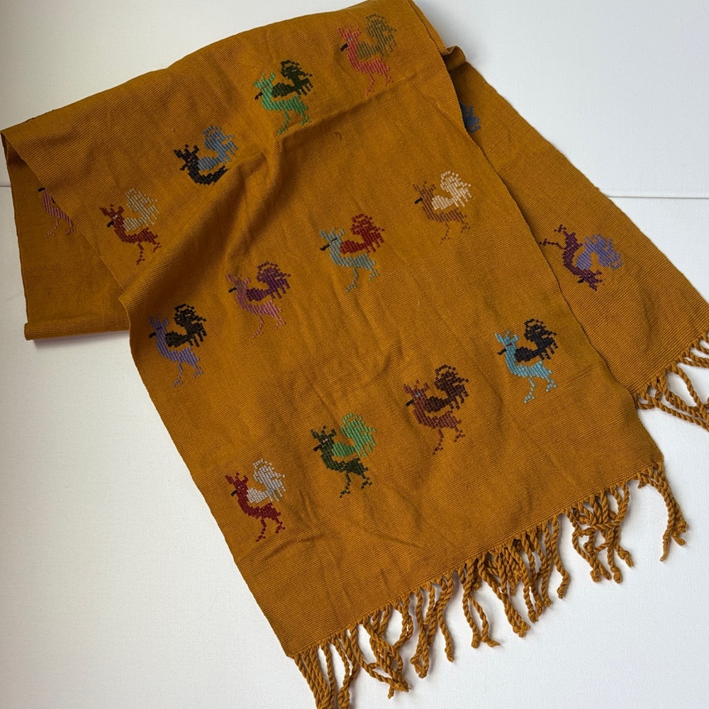 Embroidered Mustard Cotton Scarf with Fringe